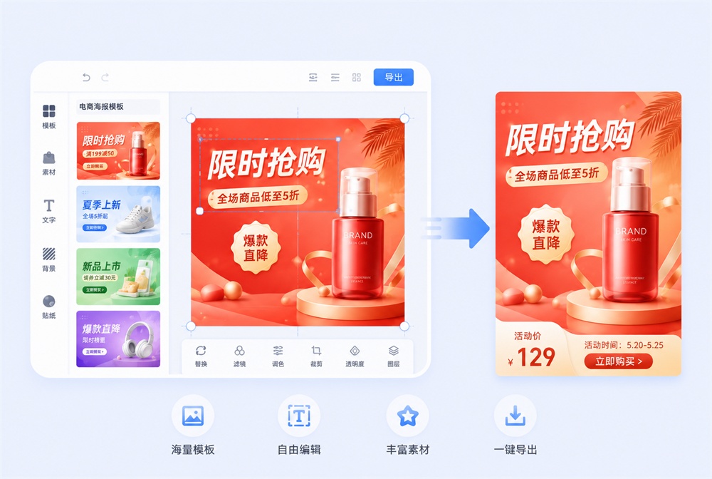 大家都知道，网店搞活动最头疼的就是做宣传图。找美工嫌贵又耽误时间，自己用专业设计软件又折腾不明白。