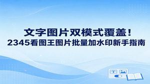 借助2345看图王给图片批量加水印格外便捷，整体流程清晰明了。把需要保护的照片导入2345看图王的图片加水印功能，选定文字或图片样式并调好标记参数，就能快速做好图片批量加水印。无需再耗费精力逐张修改，2345看图王支持自主调节标记的位置和透明度，片刻间就能为成批照片加上专属防盗印记。